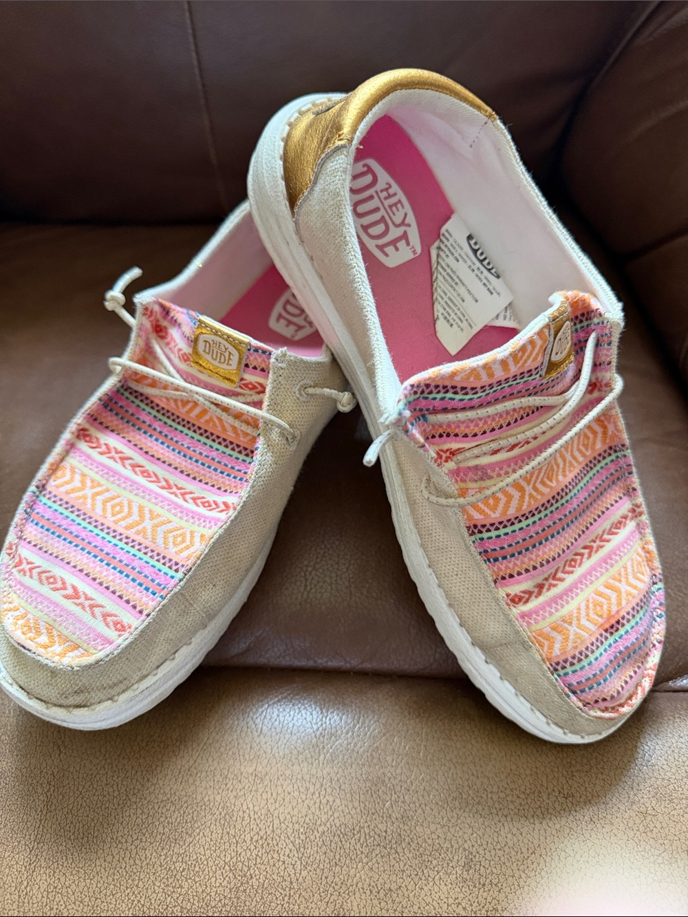 Hey Dude Canvas Slip-Ons in Pink, Gold, Beige & Orange